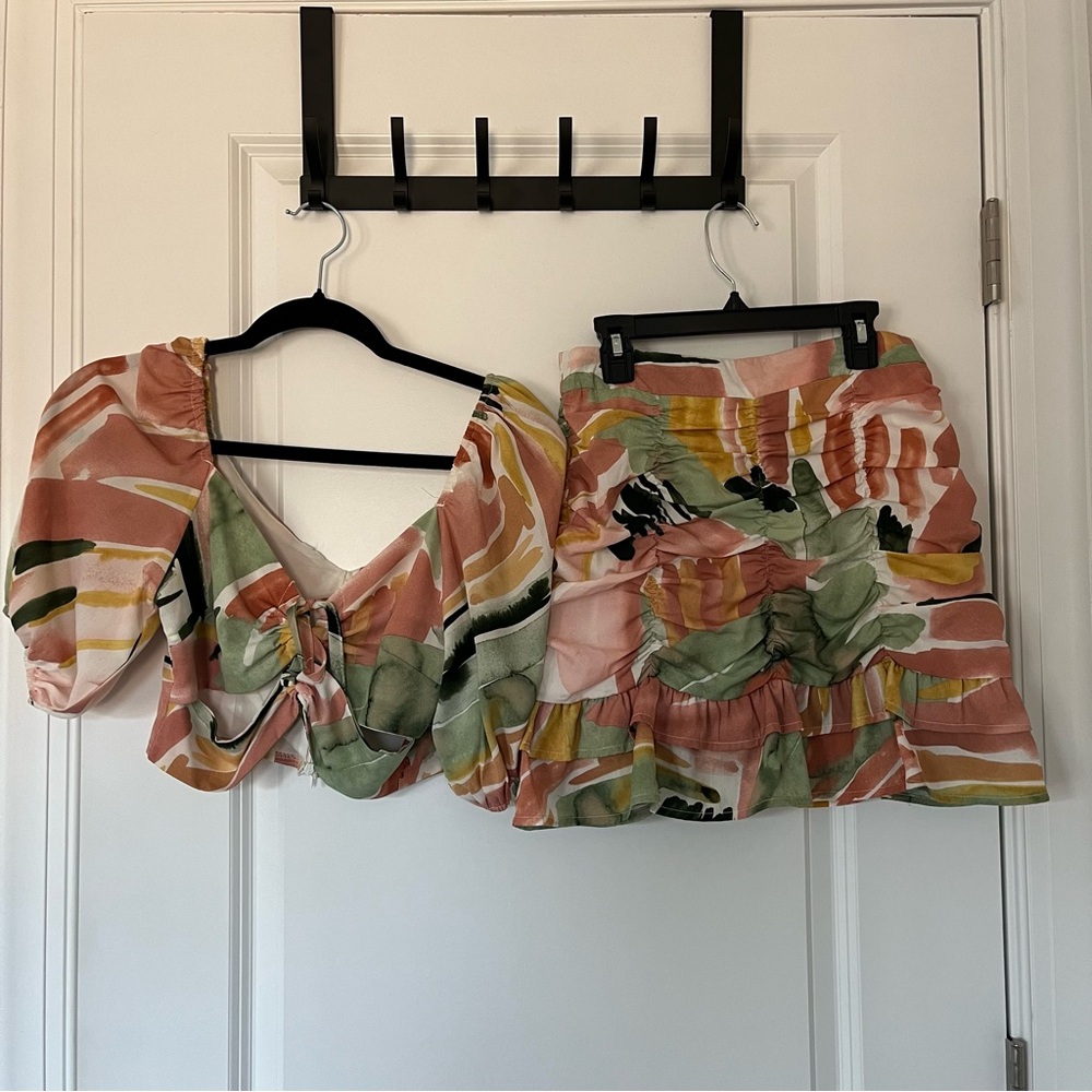 Pink Ripple Small Colorful Spring Summer Skirt Set Two Piece